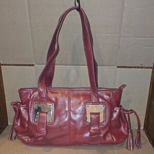Bueno Red Shoulder Bag with Glossy Finish and Metallic Accents